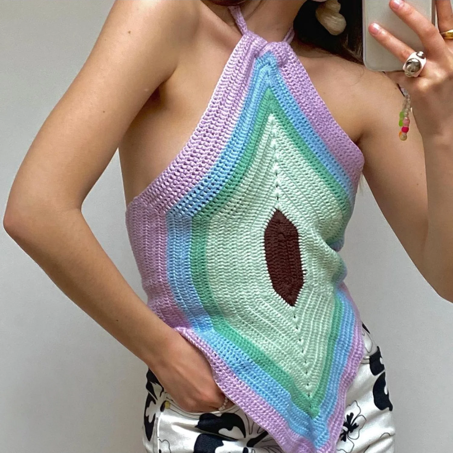 

B15172A New Summer Halter Knitted Vest Fashion Colorblock Tank Top For Women