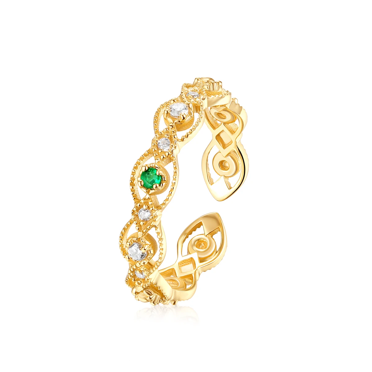 Hot Sale Fashion Trendy Opening Rings Green Emerald Natural Gemstone Ring 14K Gold Plating Jewelry With White Zircon