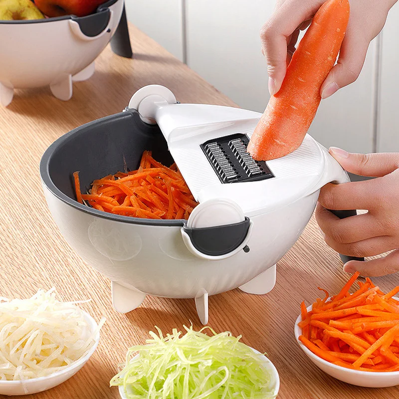 

9 in 1 Fruit Vegetable Tools Kitchen Gadgets Grater Chopper Slicer Rotate Multifunctional Vegetable Cutter with Drain Bask, White