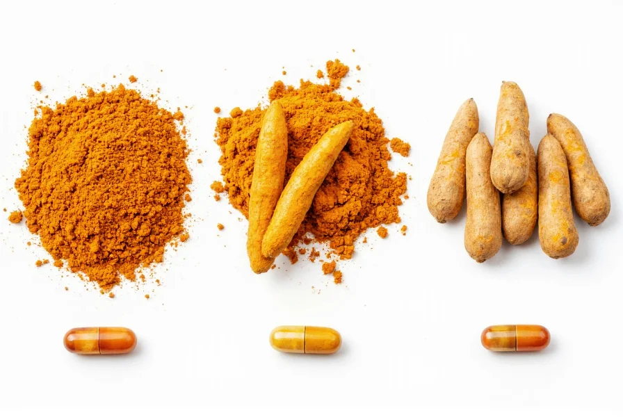 Comparison of turmeric powder, fresh turmeric root, and curcumin supplement capsules showing visual differences