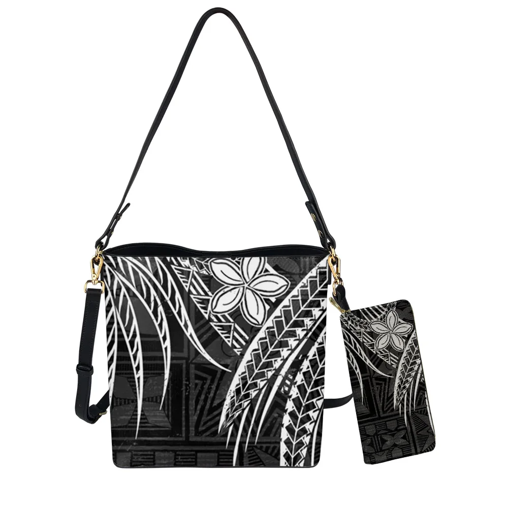 

Black And White Polynesian Purses And Handbags For Women Exclsuve Custom Tribal Print Big Handbags Set Ladies Bucket Bag, Customized color