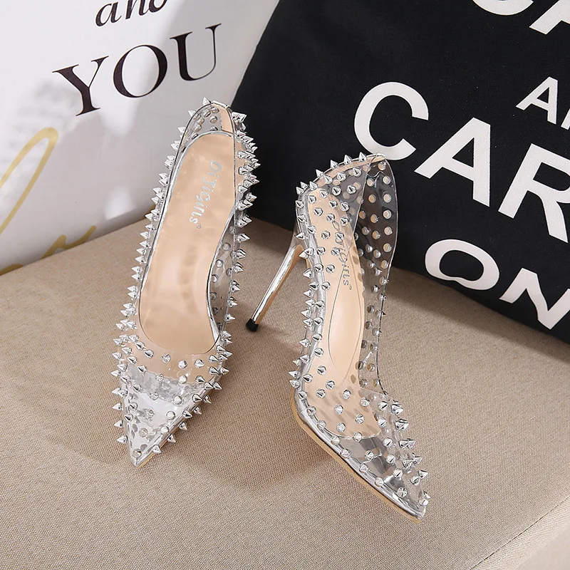 

2022 New Women'S Shoes Pointed Toe Transparent Rivet Stiletto High Heels Shallow Mouth Women'S Pumps Clear High Heel