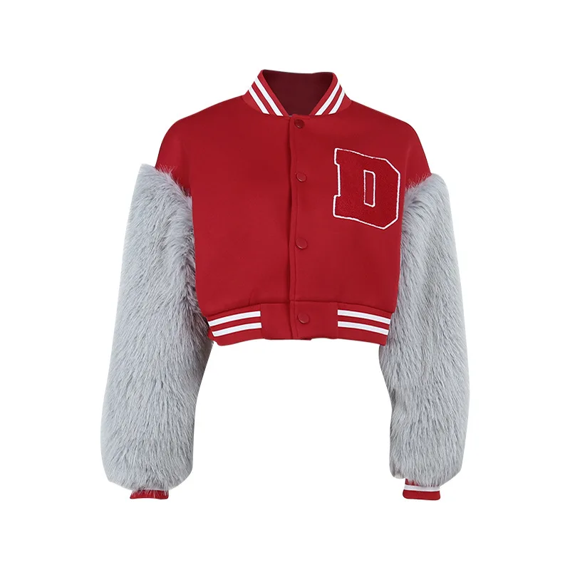 

2021 New Design Winter Single Button Letterman Jacket Fashion Patchwork Fur Sleeve Baseball Jacket Coat