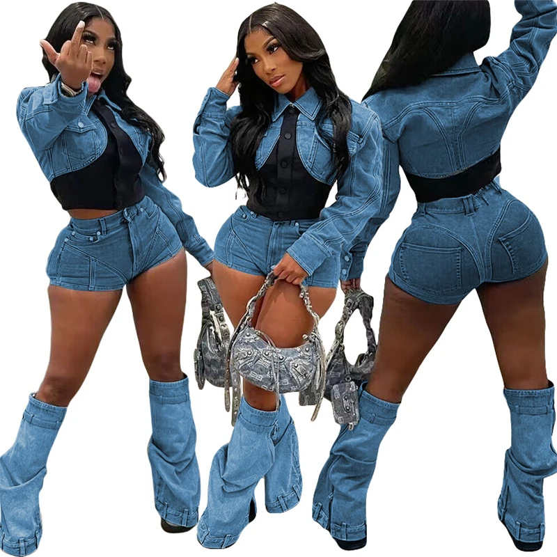 

custom ripped fit denim jeans women trendy skinny two 2 piece patch patchwork jacket and high waist shorts set for women 2023