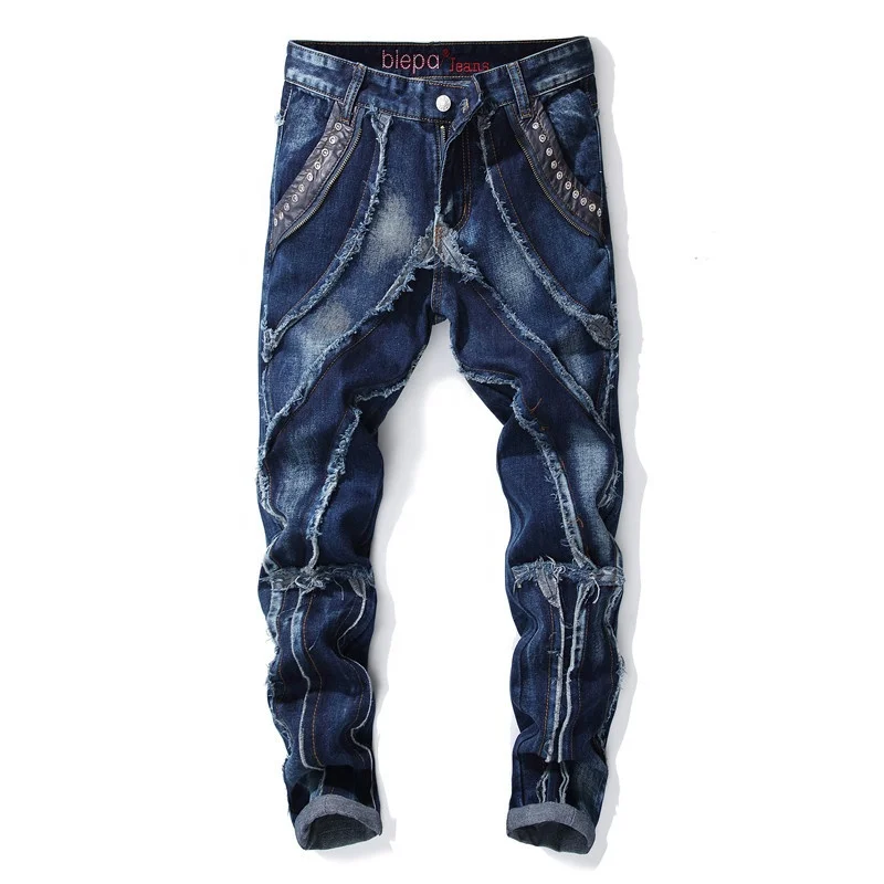 

fashion casual biker streetwear denim trousers pants hip hop design cotton polyester skinny pattern punk jeans for men