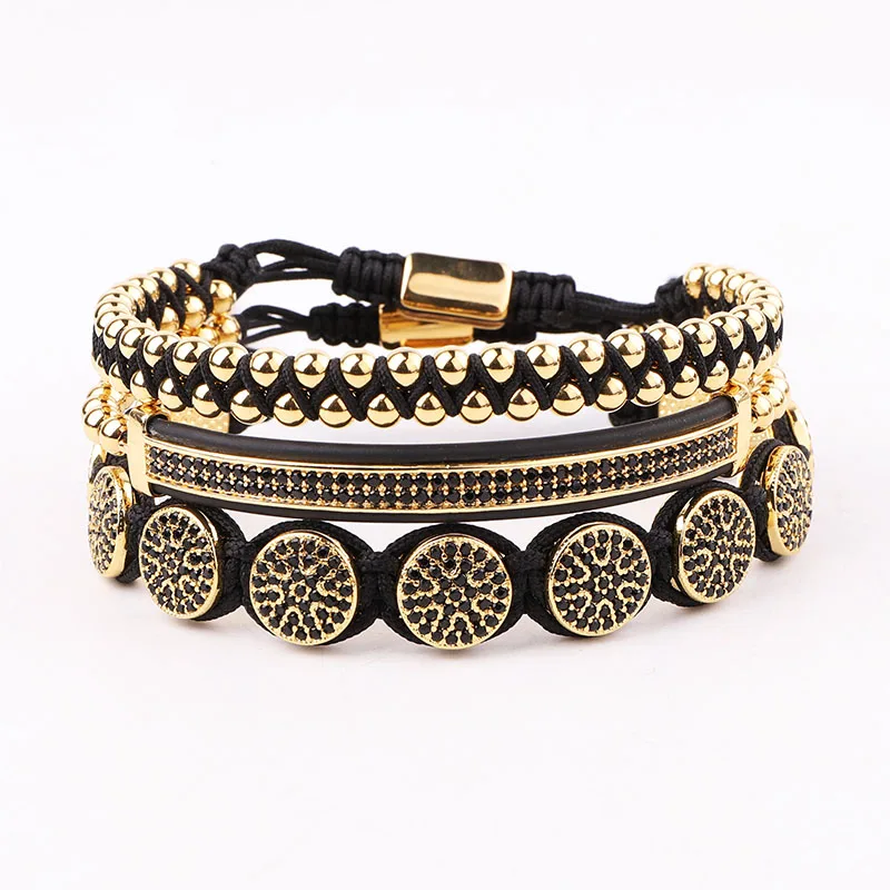 

New Design Luxury Black CZ Pave Charm Stainless Steel Bead Men Jewelry Braided Macrame Custom Bracelet Set