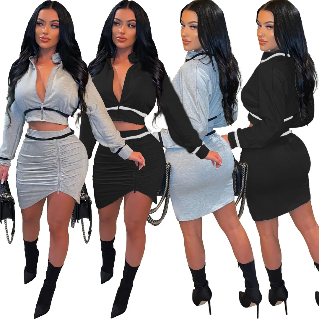 

2022 New Spring Patchwork 2 Piece Mini Skirt Set Women Clothing Zipper Crop Top And Stacked Skirt Suit