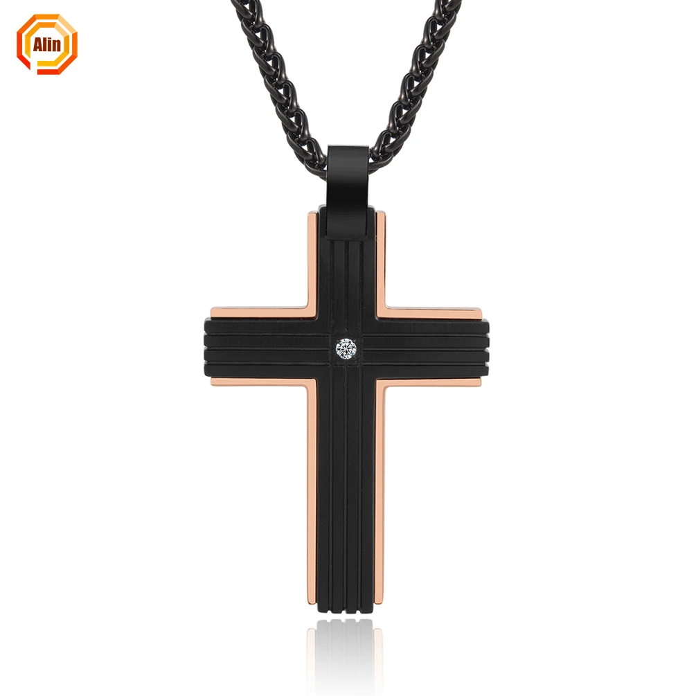 

2021 stainless steel 316L inlay zircon cross necklace stainless steel black necklace for men