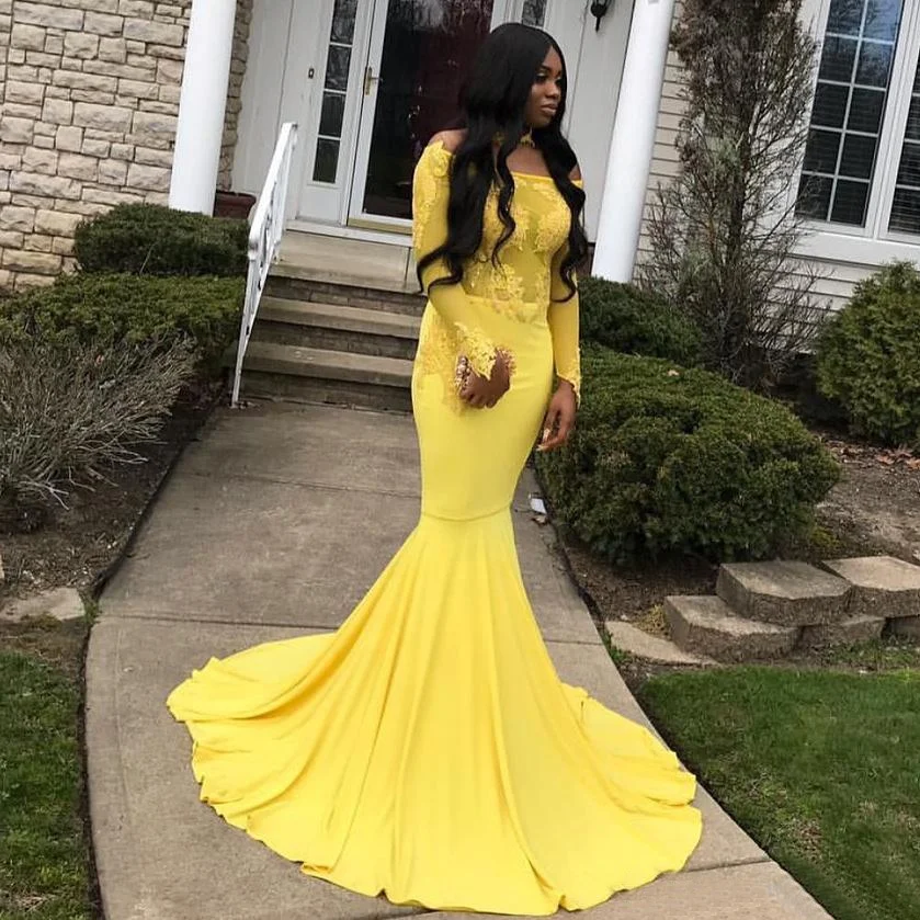 

Off Shoulder Plus Size Yellow Fishtail African Evening Dresses With Sleeves, Yellow, black, etc