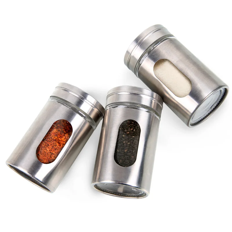 

Exquisite Design Kitchen Condiment Bottles Stainless Steel Spice Jar With Rotating Cap Salt Pepper Jar For Party Buffet BBQ, Silver