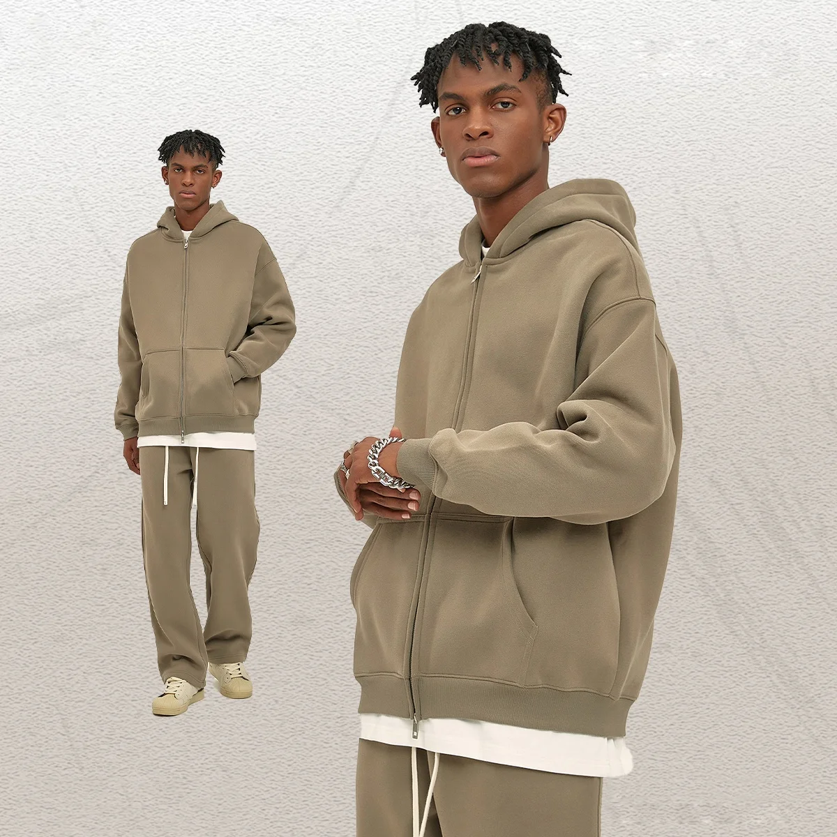Wholesale 500gsm Fleece Double Zipper Hoodies No Drawstring OEM Oversize Fit Zipper Hoddie Custom Logo Heavyweight Hoodies