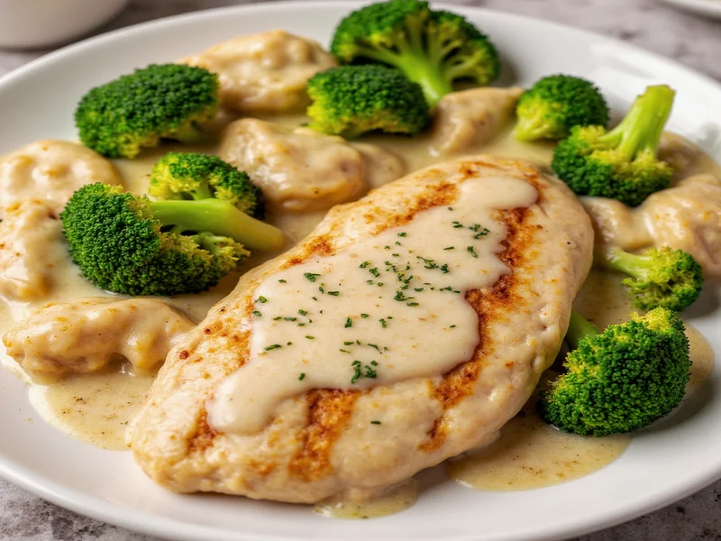 Alfredo sauce with grilled chicken and broccoli