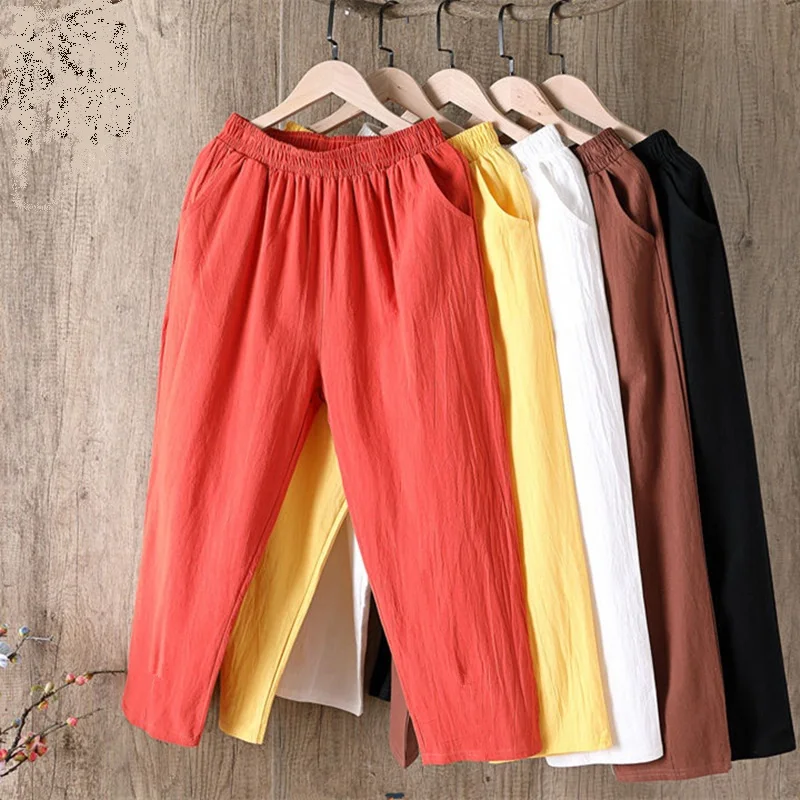 

New Large size Women Pants spring and summer Ankle-length Pants Loose casual Harem like Cotton and Linen trousers Solid color