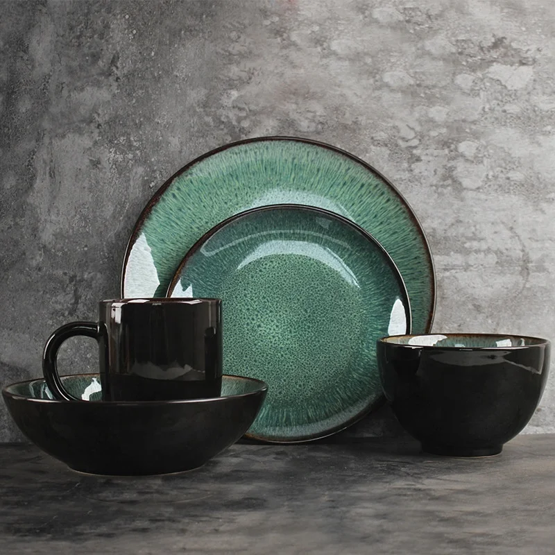 

European-style simple ceramic tableware set kiln change bowl and plate gem green bowl and plate set