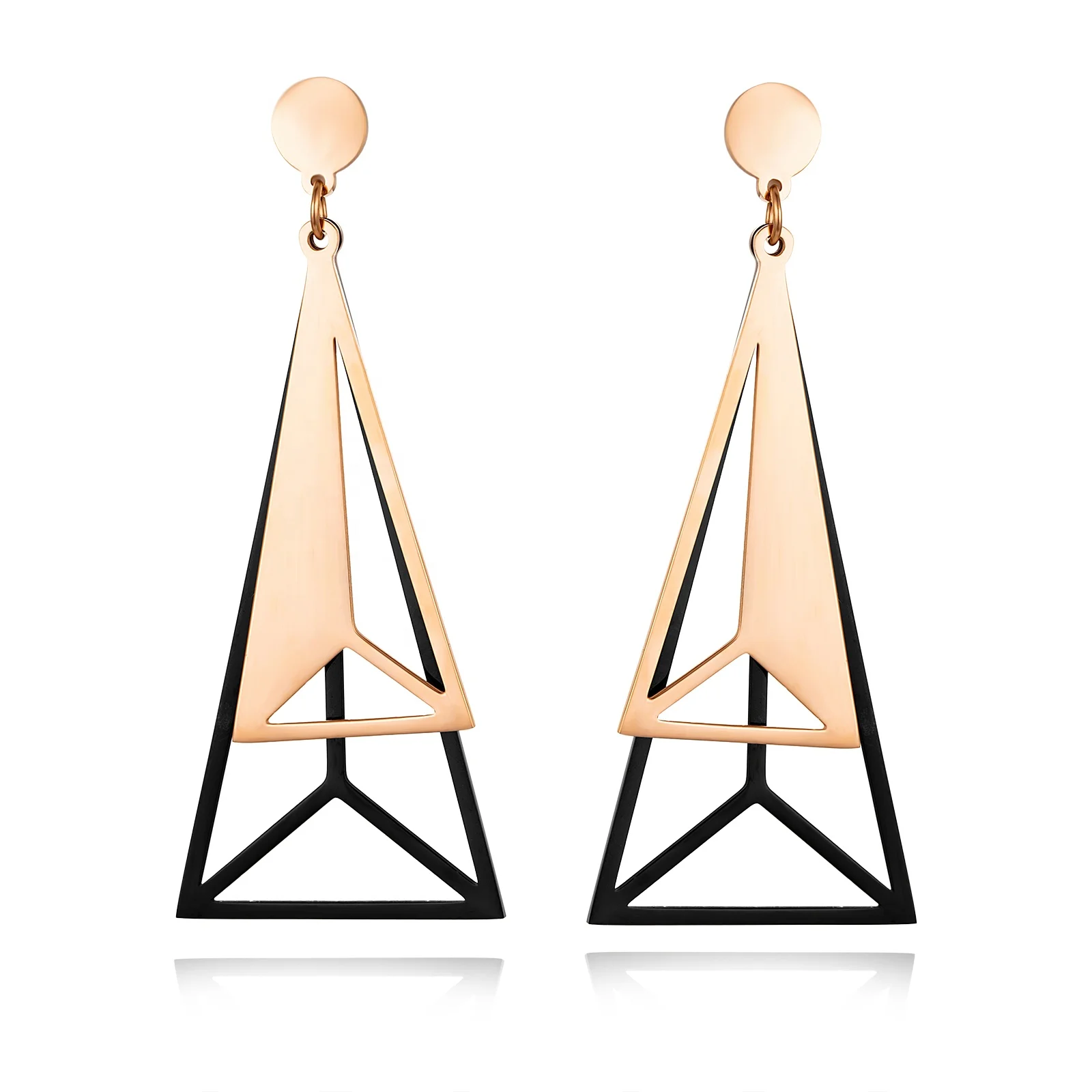 

Ladies Fashion Gold plated earrings Triangle Geometric Oversize Loftily Trending Earrings Stainless Steel, Rose gold and black color