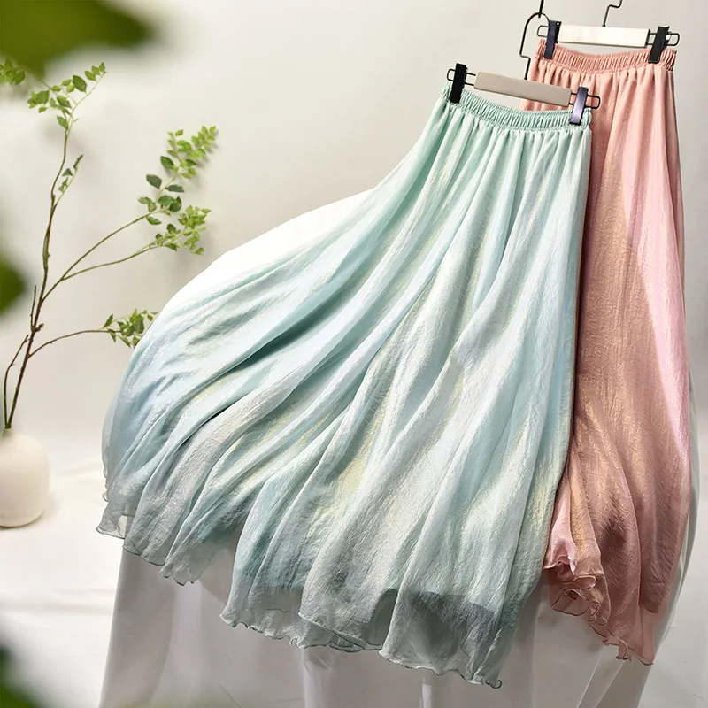 

S0007A New chiffon pants double-layer tulle elastic waist fresh art dance Chinese style wide leg pants women's skirts