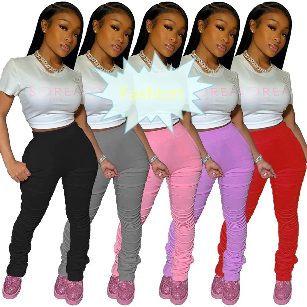 

XS-2XL solid color high waist ruched pants women stacked leggings flared pants, Black, purple, pink, gray, red