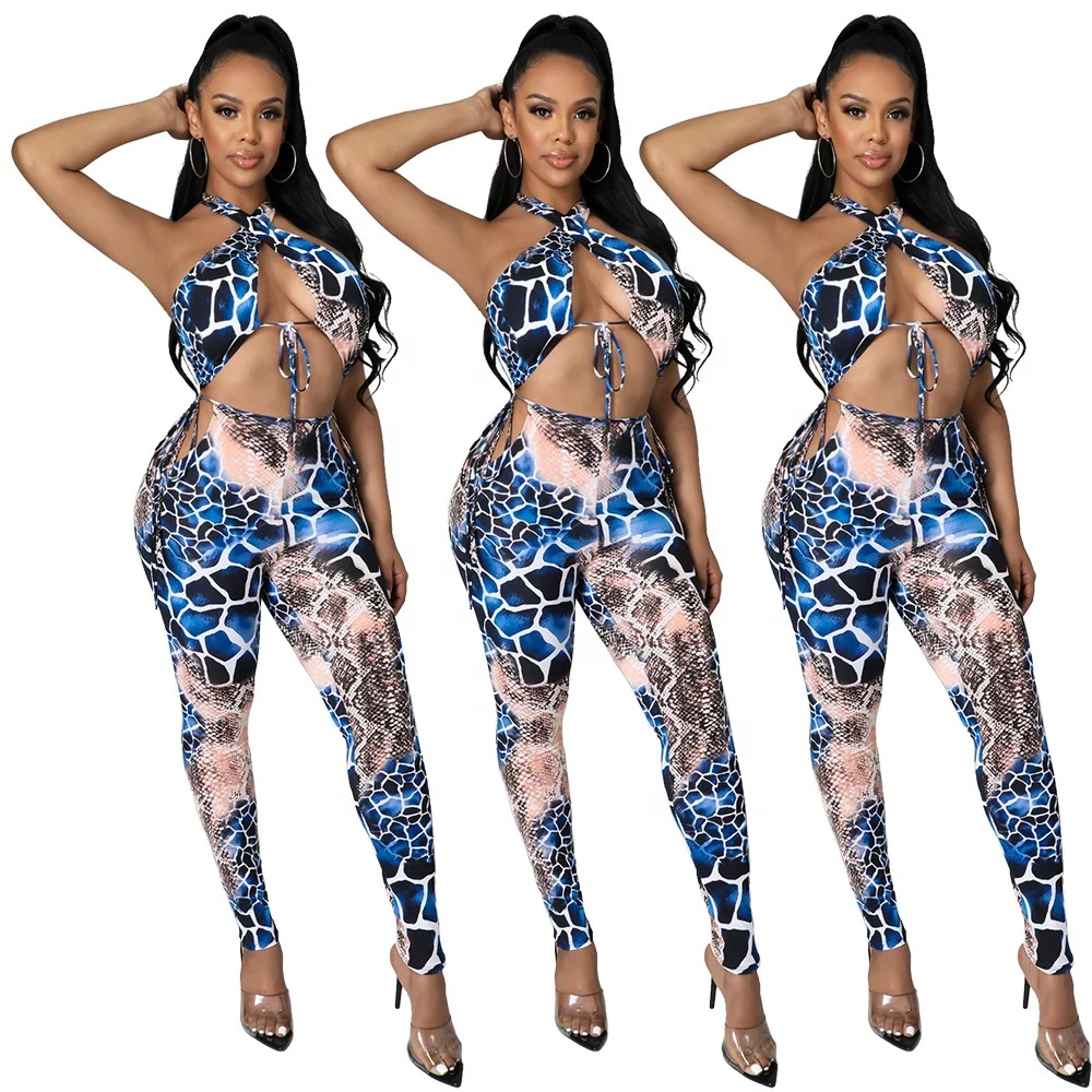 

YX-H8918 Women sexy bandages halter neck top hollow out snake pattern 2 pcs two piece summer sets