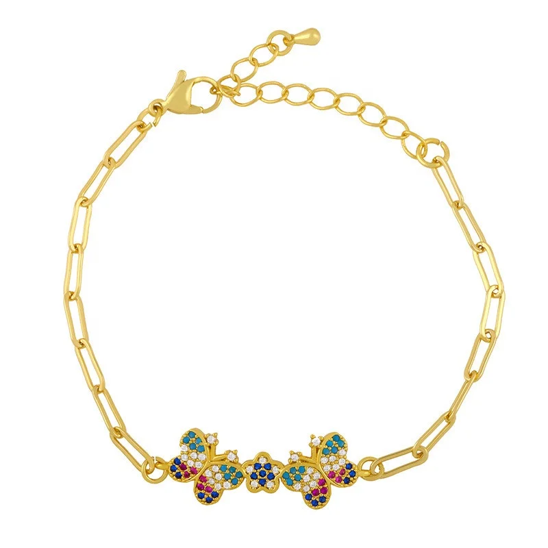 

High quality Color Micro pave Gold rhinestone zircon butterfly Charm Bracelets Copper link double butterfly for women Bracelet, Picture