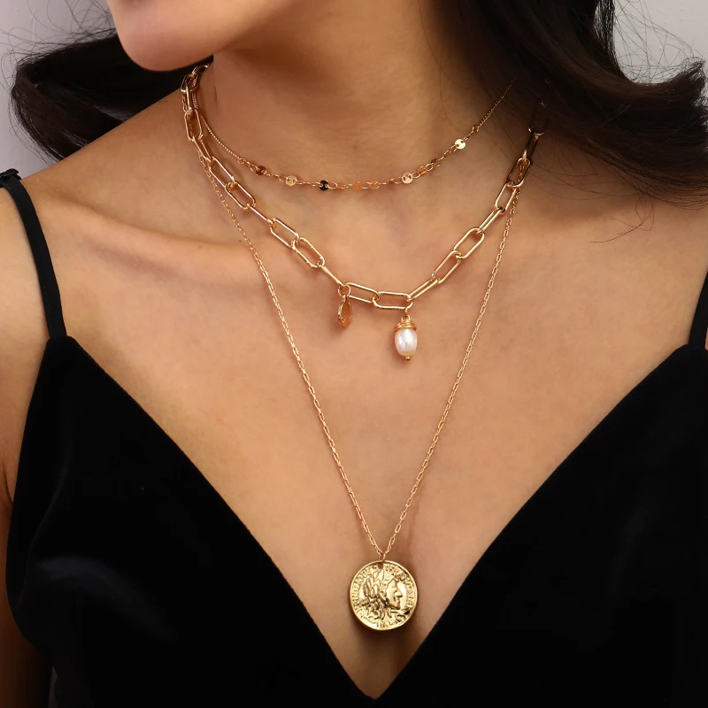 

Wholesale lady multi - layer necklace embossed sculpture natural freshwater pearl gold retro coin pendant necklace TLN15