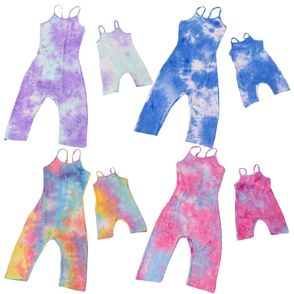 

Summer Parent-child Boutique Colorful Rompers Baby Girls Jumpsuits Outfits Spaghetti Strap Cool Mommy and Me Outfits Tie-dyed, Customized colors