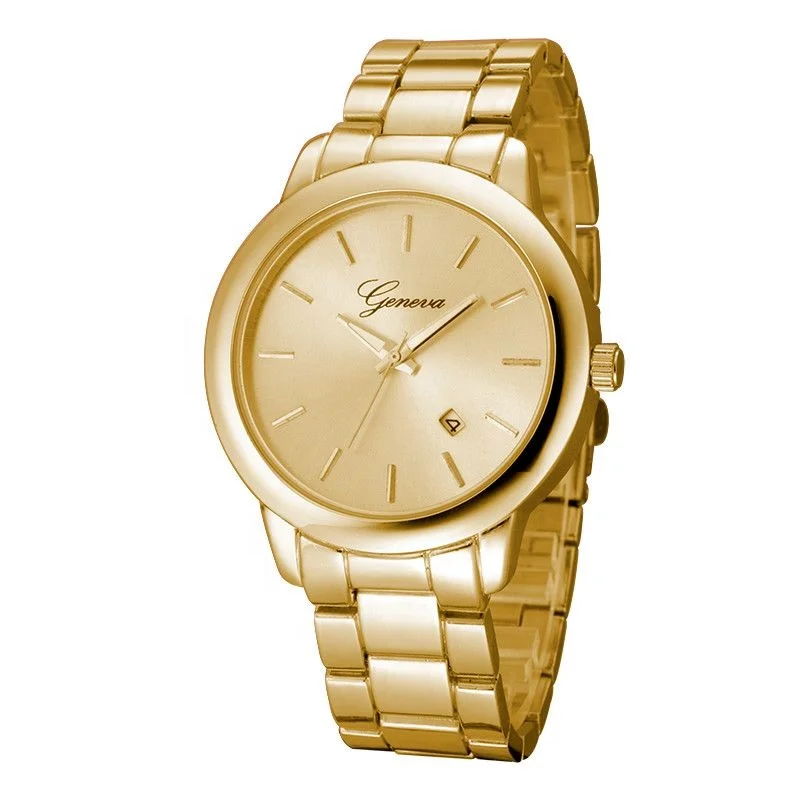 

Geneva Men Women Fashion Simple With Calendar Alloy Watch Gold Color Beautiful Women Watches, 3 color