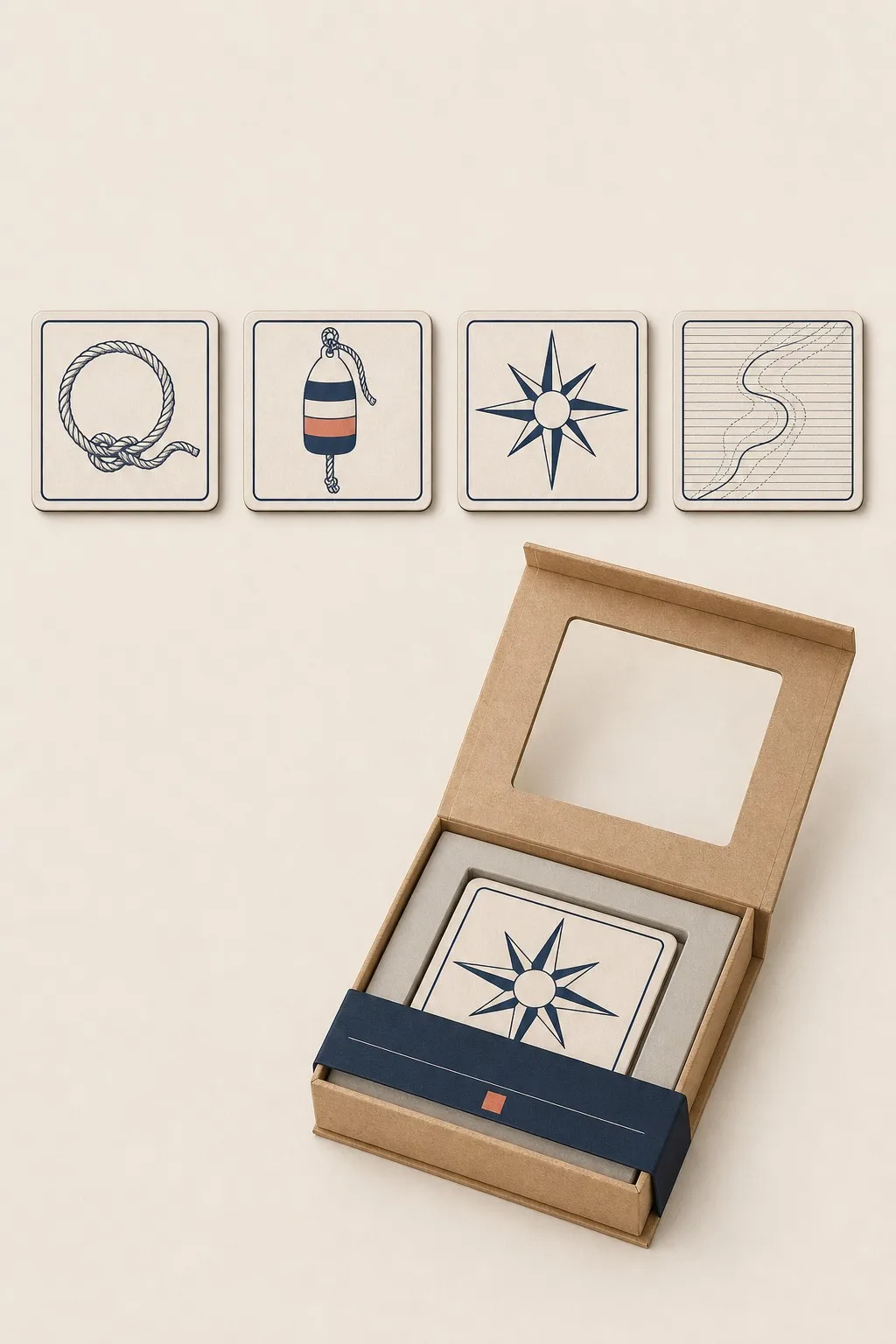 Nautical Coaster Set of 4 with Rope Buoy and Compass Designs