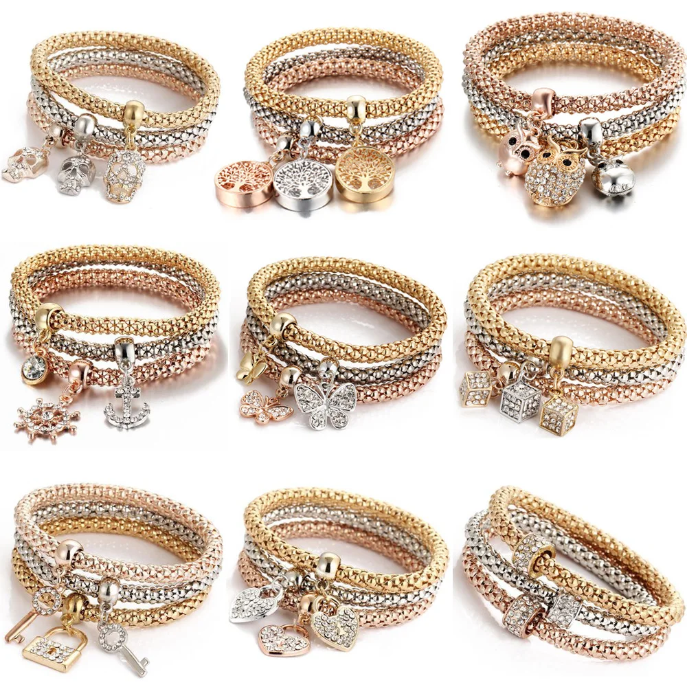 

2020 Hot Selling 3 Pcs Crystal Butterfly Popcorn Elastic Bracelets Set Heart Lock Charm Bracelet for Women, Gold&siver&rose gold