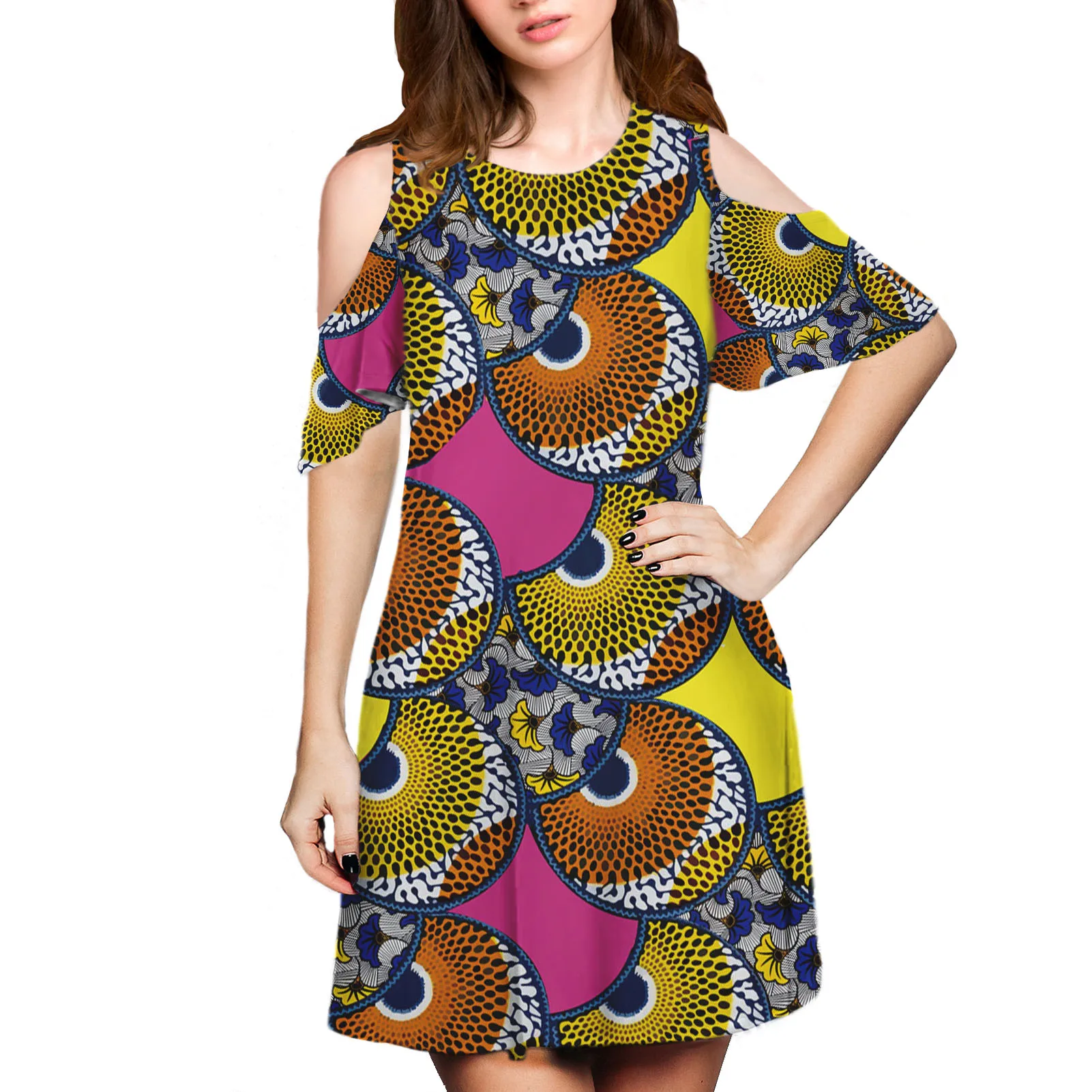 

Women Elegant Dress African Pattern Black Dress Gradient Purple Short Sleeve Cold Shoulder Tunic Swing T-Shirt Loose Dress, Customized color