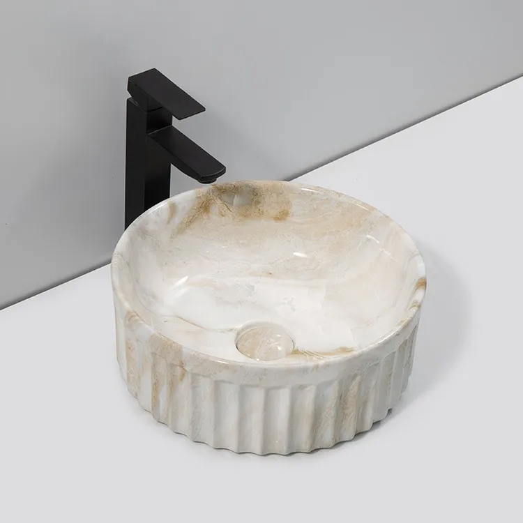 round-marble-bathroom-sink-9743-P-519-angled-top-view-white-onyx-amber-cloud-swirl-fluted-exterior-warm-grey