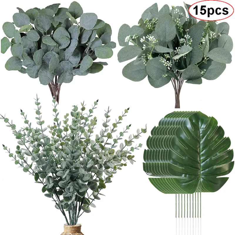 

Simulated Green Plant Single Eucalyptus Leaf Stem Family Gathering Wedding Decoration Outdoor DIY Flower Wall Decoration