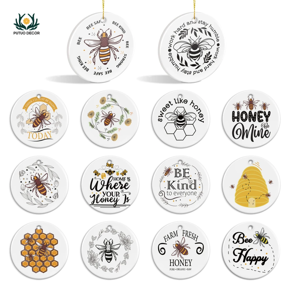 

Putuo Decor Round Bee Happy Ceramic Hanging Sign Spring Decor White Pendant for Sublimation