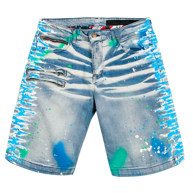 DiZNEW Men's washed jeans painted men's denim comfortable shorts details