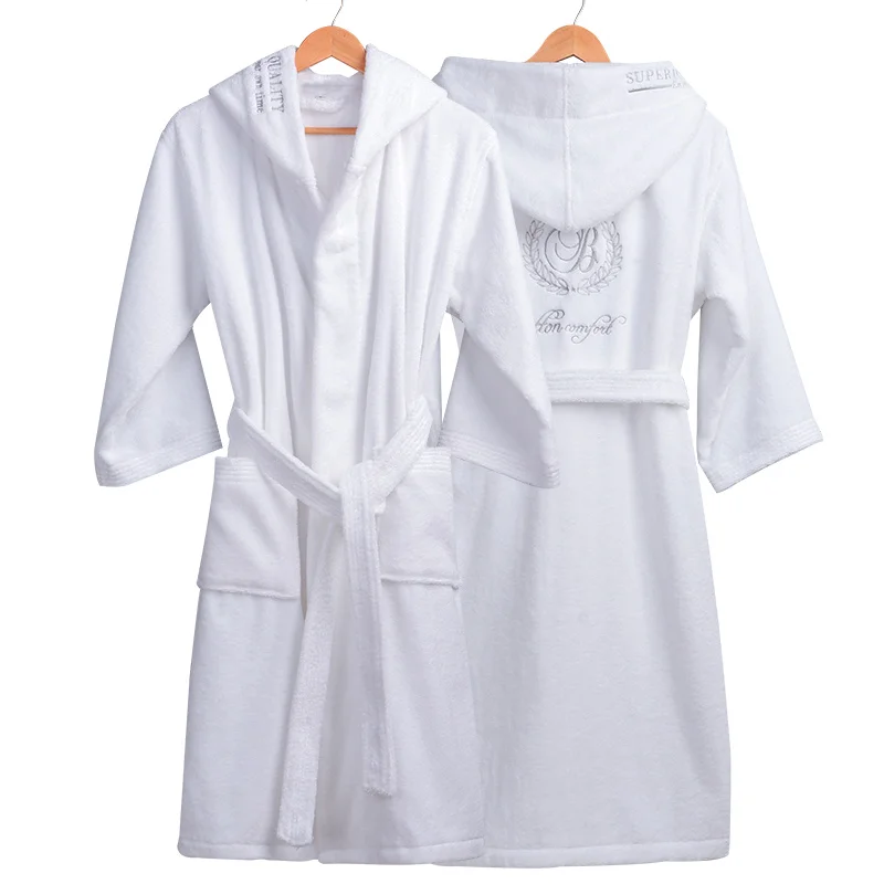 

High Quality 100% Cotton Hotel Hooded Terry Cloth Bath Robe Men and Women Bathrobe with Hood, White or customize