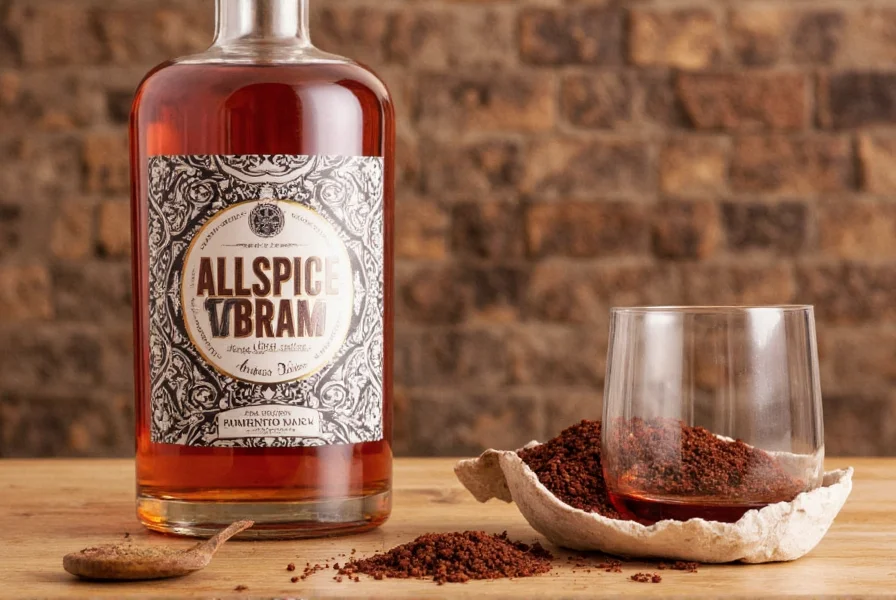Close-up of pimento dram bottle next to allspice berries and cocktail shaker