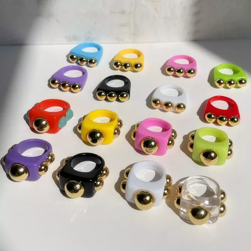 

2021 new European and American resin square geometric ring ins summer neon light golden personality cool girl ring wholesale, As picture