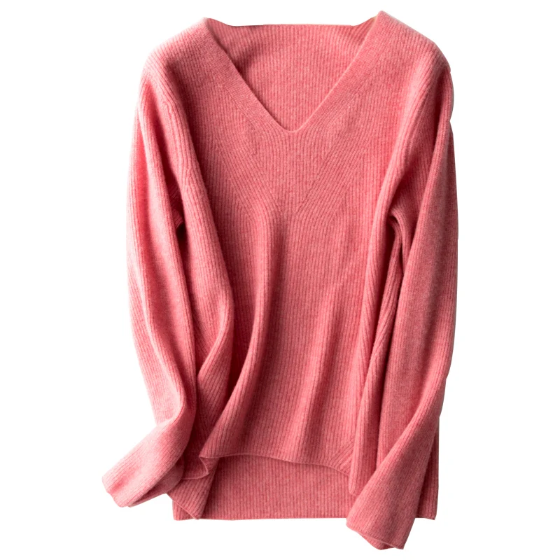 

2020 New Autumn and Winter Warm Soft Loose Women V- Neck 100% Pure Merino Wool Sweater