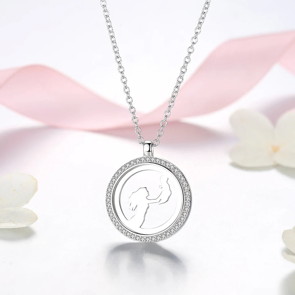 

High Quality 925 Sterling Silver Circle Pendant Necklace Mother's Day Gifts Cubic Zircon Mother and Son Necklace