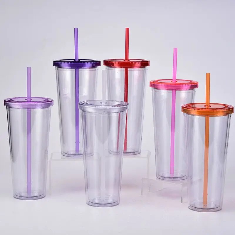 

Clear plastic water bottle Tumbler Cups with colorful lid Skinny Double Wall 24oz Transparent cup portable drinking cup