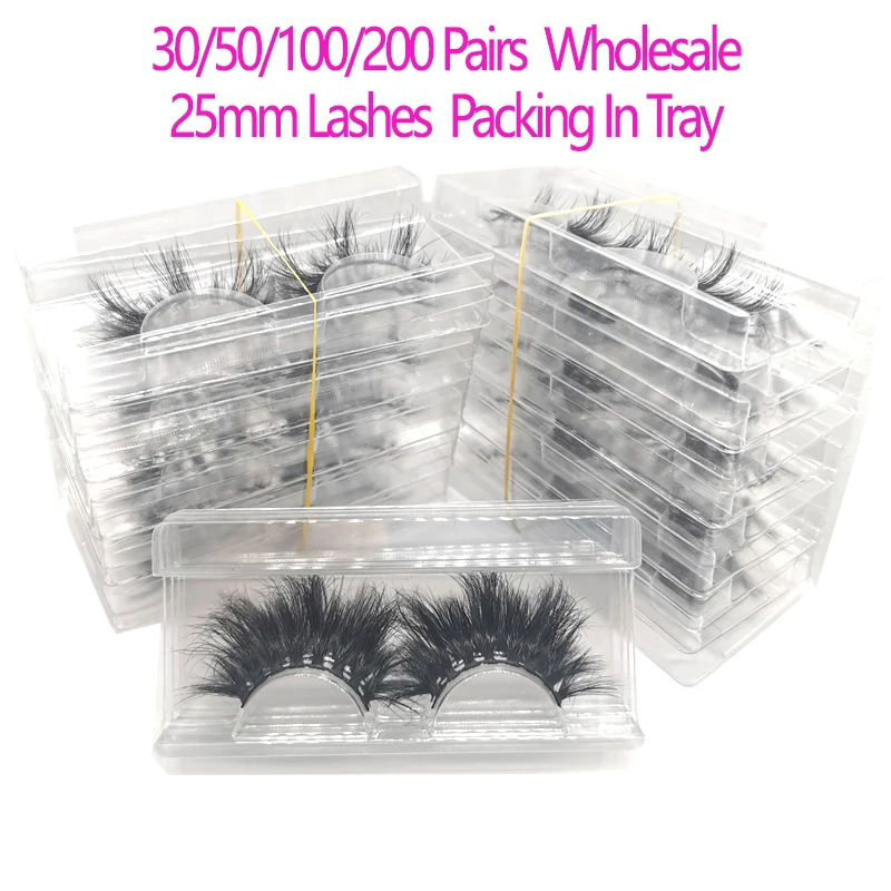 

30/50/100/200/500Pairs Wholesale 25mm 3D Mink Eyelashes 5D Mink Lashes Packing In Tray Label Makeup Dramatic Long Mink Lashes