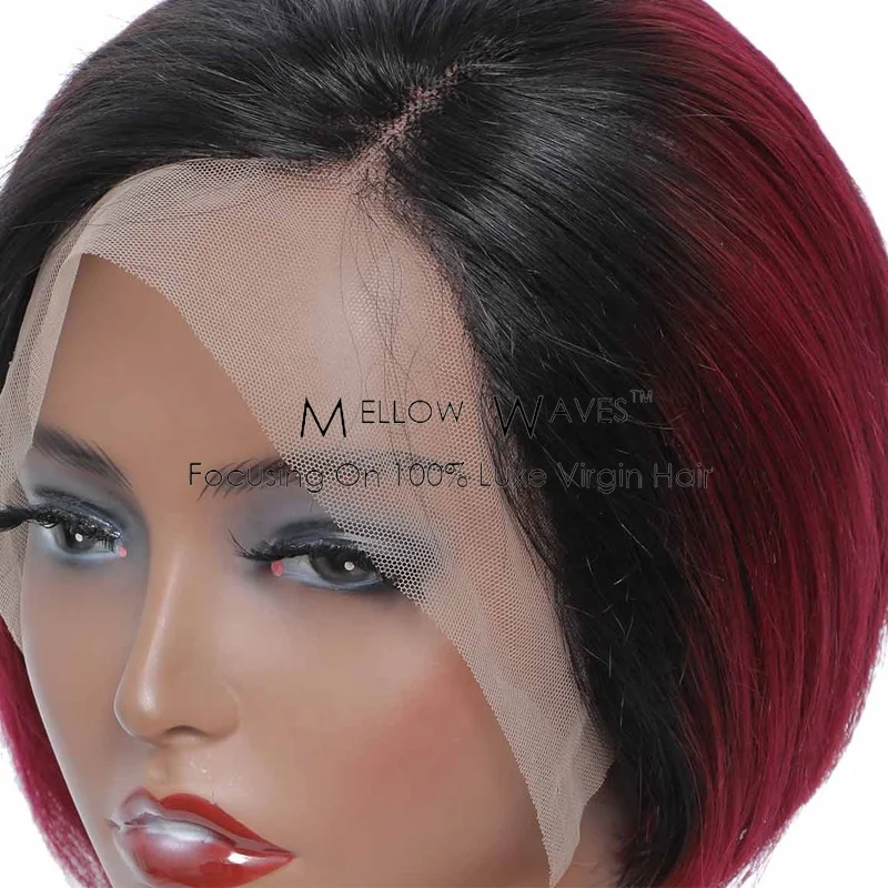 

Mellow Waves Wholesale Ear To Ear Indian Wig Ombre Colored 1B99j Human Virgin Hair Short VS short wig Lace Front Wig For Women