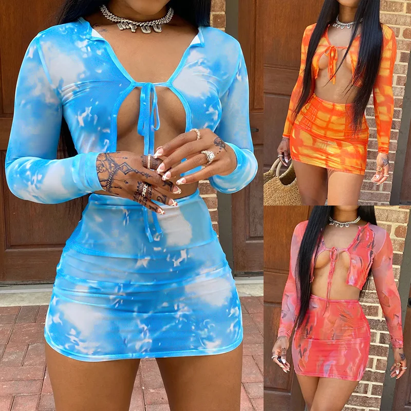 

2021 summer tie dye lace up 2 piece crop top set sexy two piece skirt set women short dress clothing