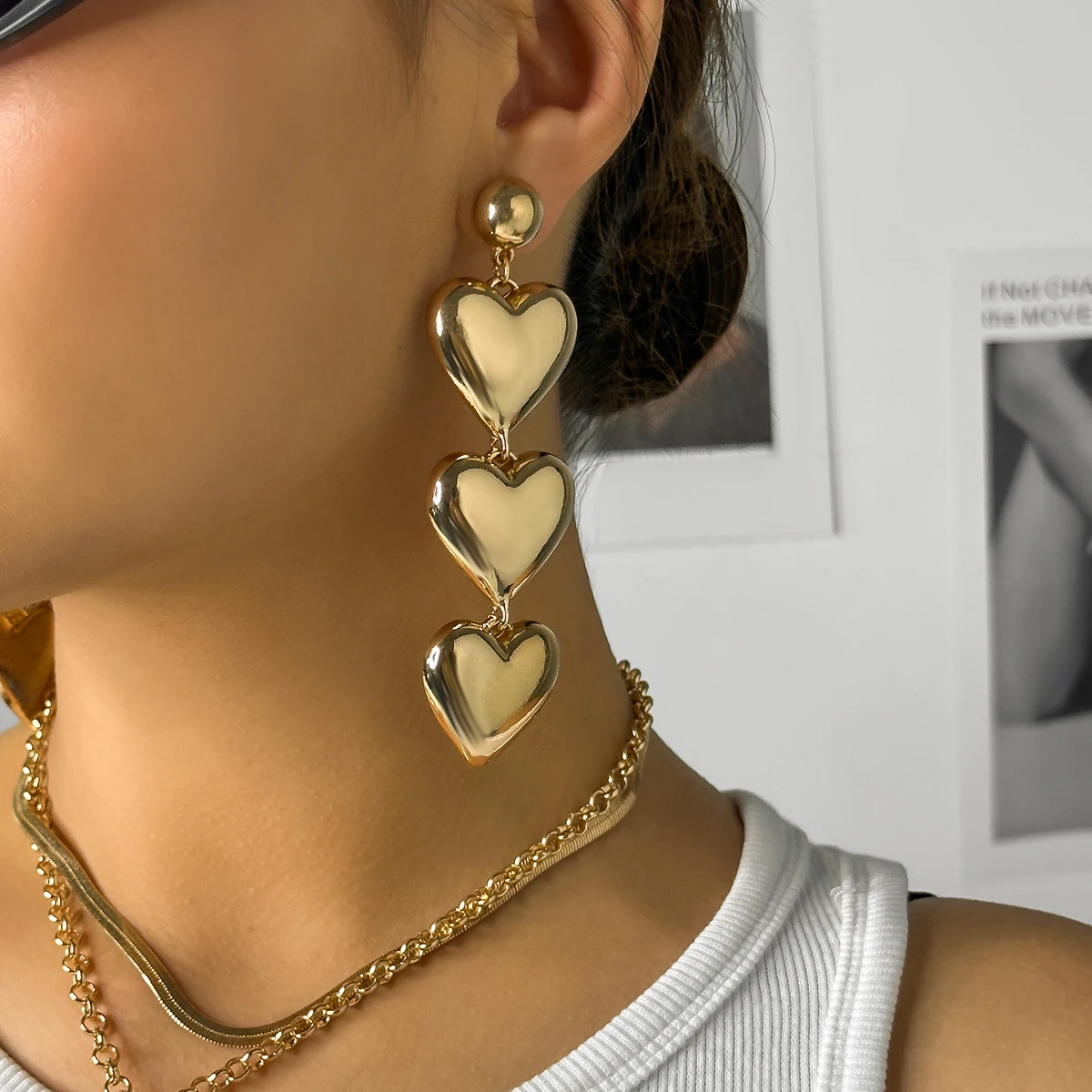 

SHIXIN Vintage Metal Spliced Love Heart Double Hanging Earrings For Women Personality Gold Color Dangle Trendy Earrings Party