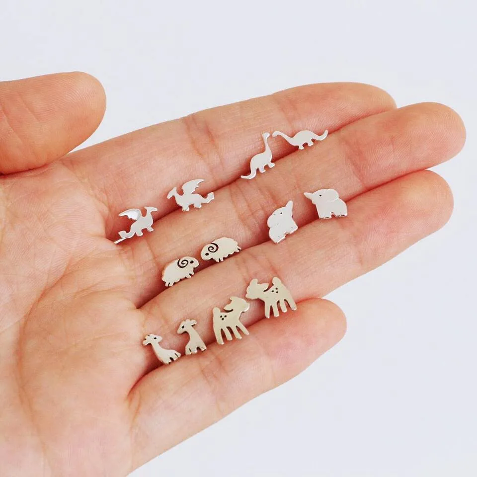 

6 pairs cute sheep, elephants, deer, dinosaurs, animal studs, earring sets and jewelry wholesale for women's party gifts