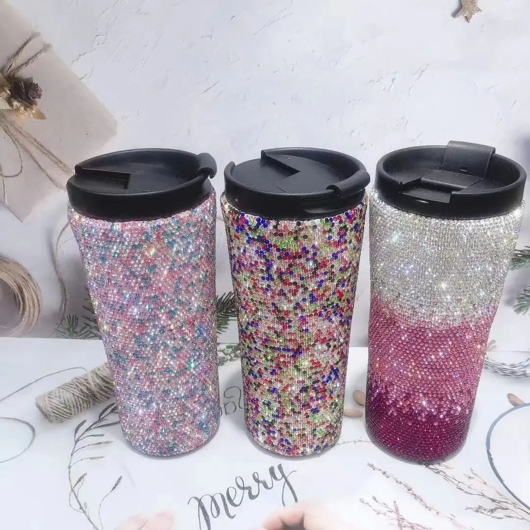 

Customized Colorful Diamond Rhinestone Tumbler Stainless Steel Vacuum Cup With Plastic Lid