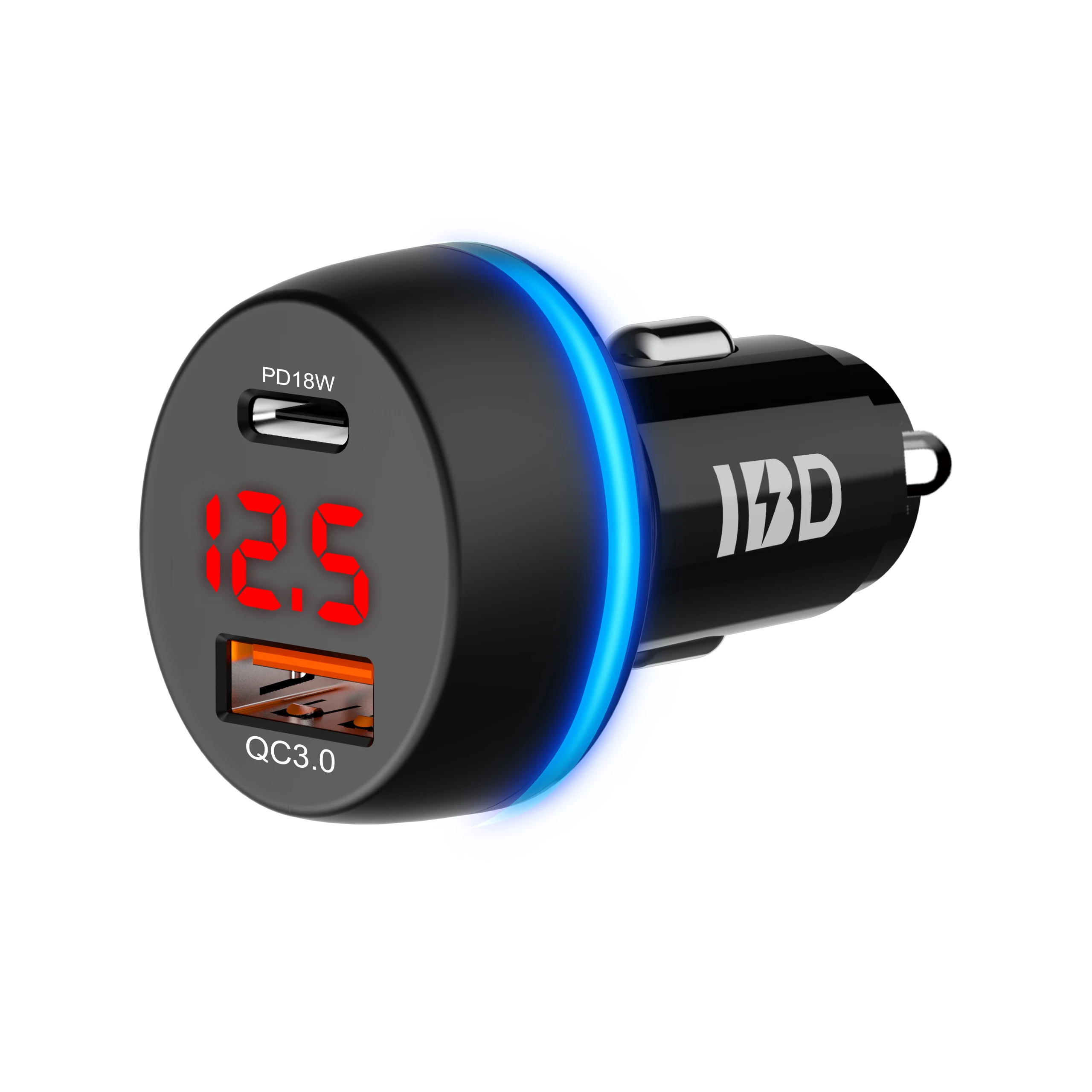 

IBD Mini Car Charger Usb Fast Charging Dual Ports PD 18W Quick Charge Car Charger 36W Max Power With Blue LED