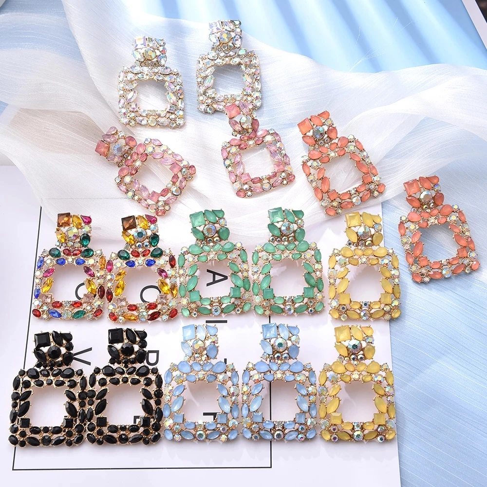 

HOVANCI Clear Crystal Jewelry Accessories Women Wholesale Square Geometric Metal Colorful Rhinestone Drop Earrings, Many colors