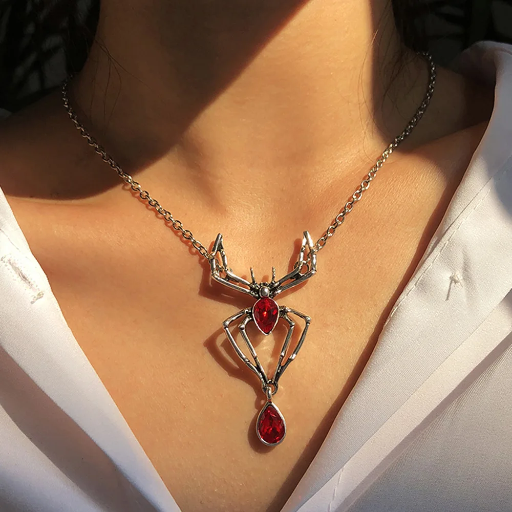 

I YOU WIN Creative New Product Halloween Party Jewelry Ruby Alloy Spider Red Crystal Necklace Drill Charm Spider Necklace