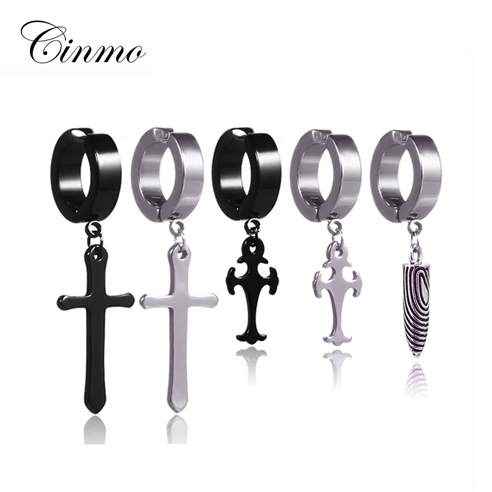 

Cinmo Jewelry Cheese Pendant 316L Stainless Steel Earrings Punk Style Cross Bullet Shape Clip On Earrings For Men Women Gift, As pictures show