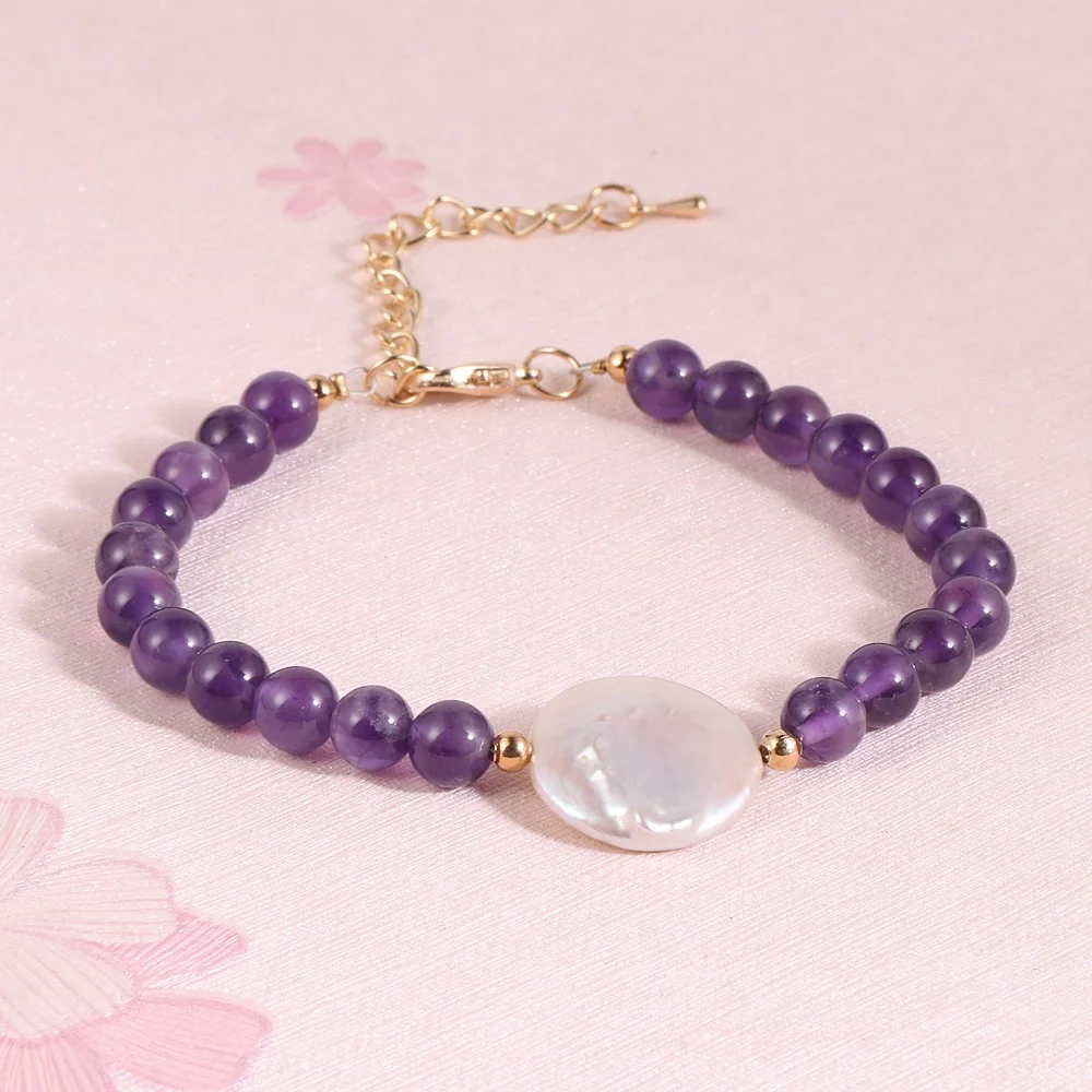 

2022 New Boho Freshwater Button Pearl Charm Natural Stone Quartz Amethysts Beaded Bracelet For Girls Women